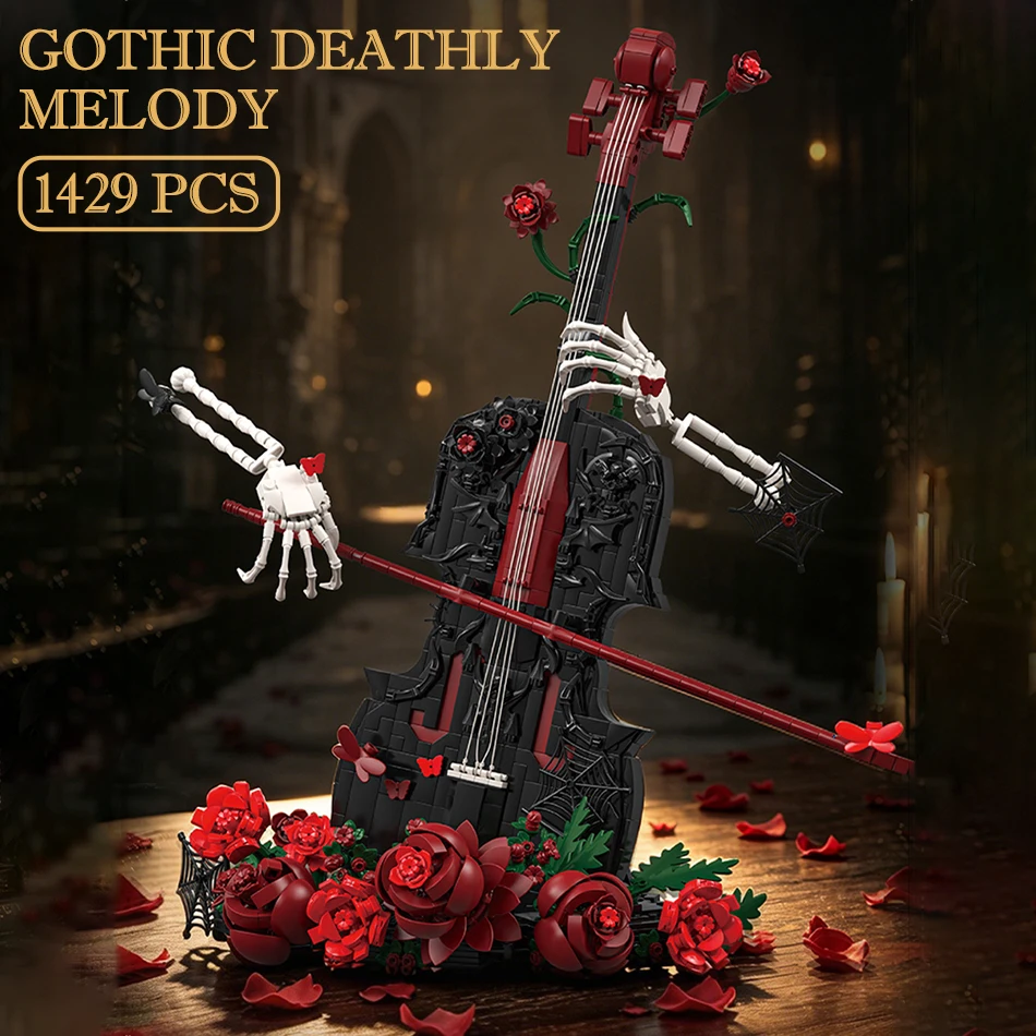 

Gothic Deathly Melody Rose Flowers Skeleton Hand Violin Building Blocks Set Home Decor Romantic Valentine Day Gifts Bricks Toys