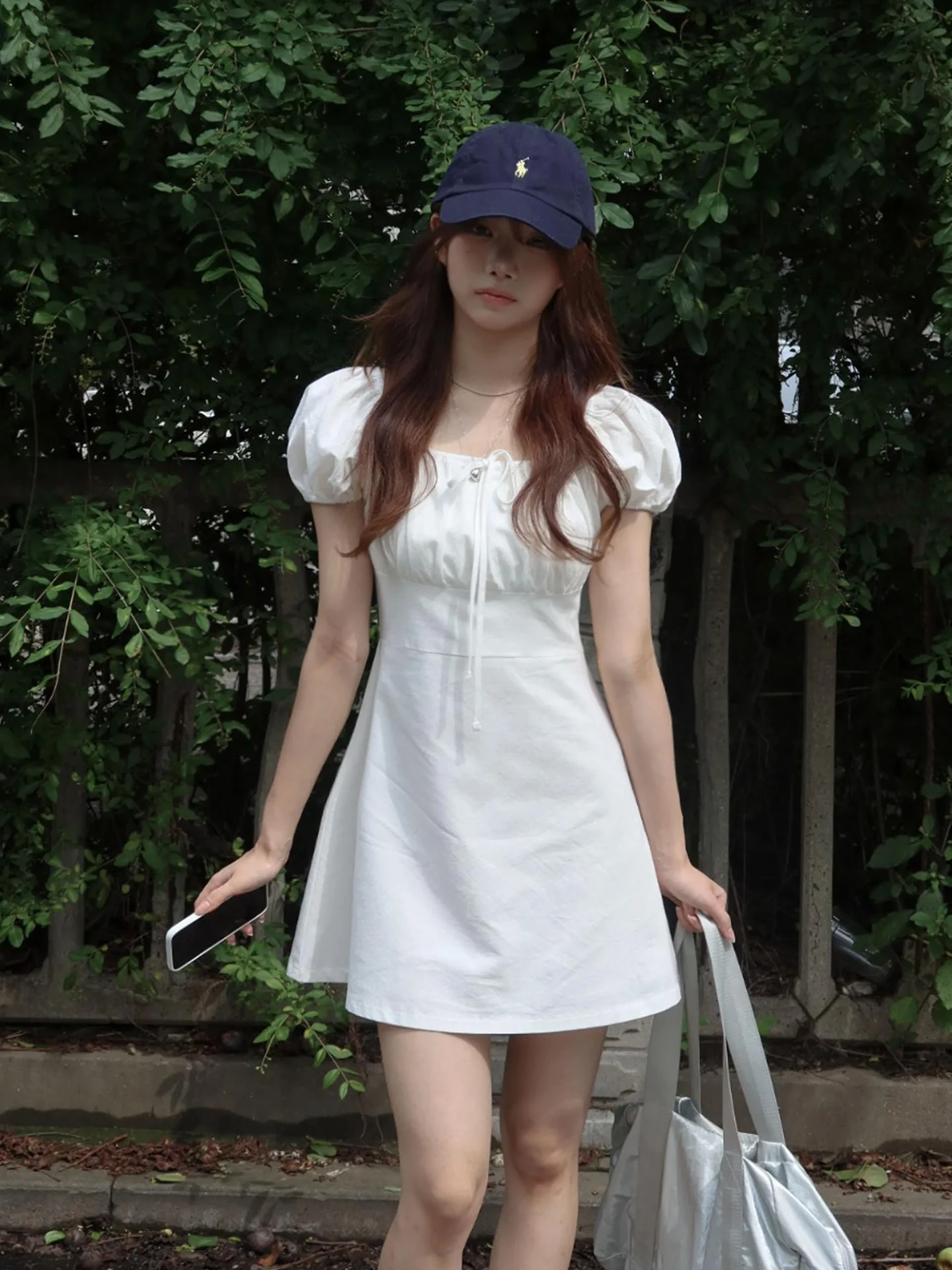 Lili Girl's Style Bow Tie Square Collar Bubble Sleeve Dress Women's Summer New Age Reduction Small Size White Dress