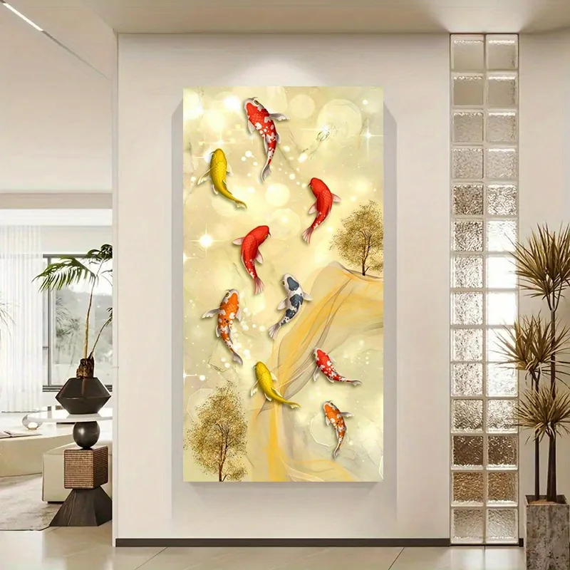 Large Frameless Canvas Art - Vibrant Koi Fish with Golden Accents & Abstract Background, Modern Wall Decor for Living Room, Bedr
