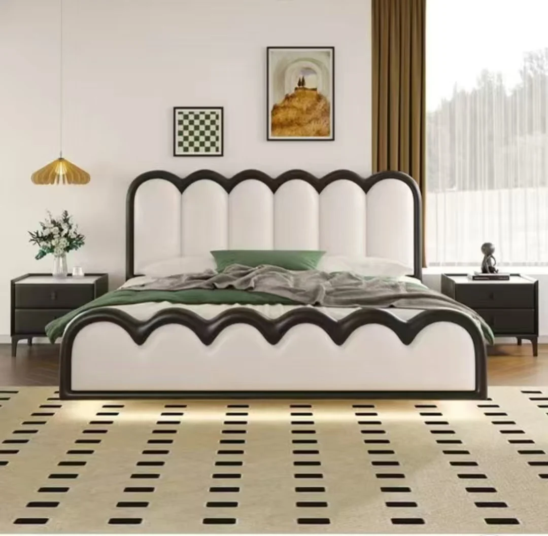 

#￥Factory Wholesale French Luxury Double Bed Modern White Cream Soft Leather Upholstery Wooden Frame Minimalist Design for Hotel
