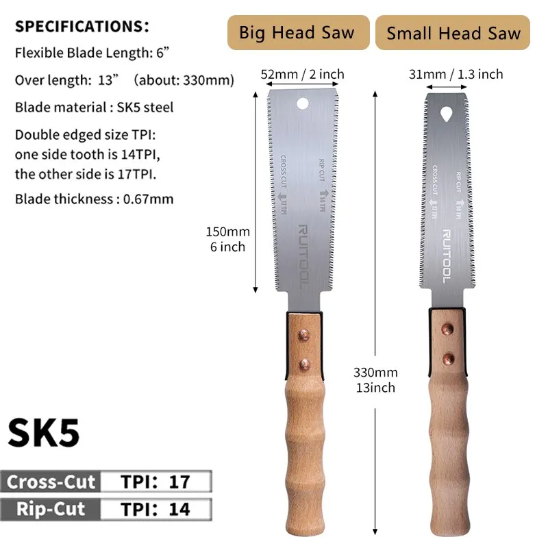 1pc Japanese Saw 6 Inch Double Side Hand Pull Saw 14&17TPI SK-5 Steel Flexible Blade Flush Cut Saw for Woodworking