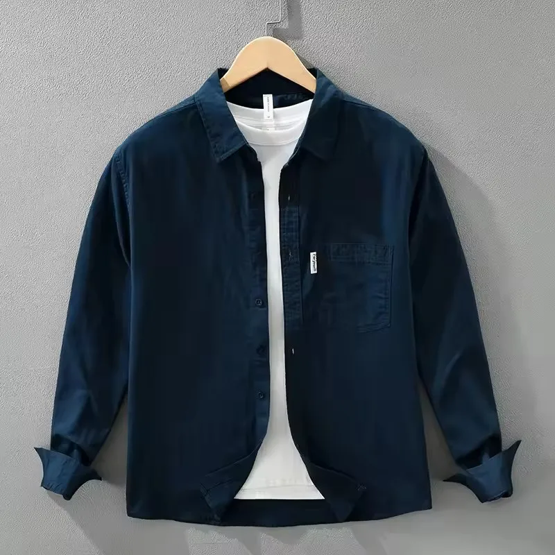 

2026, весенне-осенние новые повседневные льняные хлопковые рубашки с большими карманами для мужчин, уличная одежда с воротником «Чайка», мужские топы