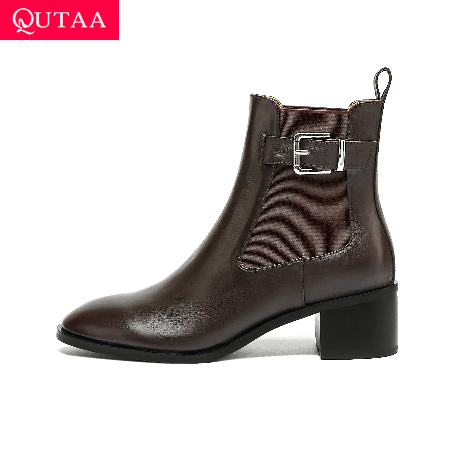 

QUTAA Fashion Women Ankle Boots Autumn High Heels Round Toe Cow Leather Buckle Shoes Casual Winter Motorcycle Short Boots 34-43