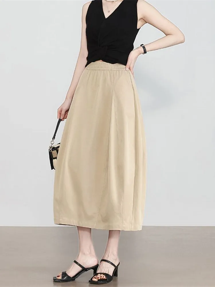

Women's Khaki Elegant High Waist A-line Midi Skirts Summer Office Daily Korean Fashion Casual Bubble Skirt Female Black 2025 New