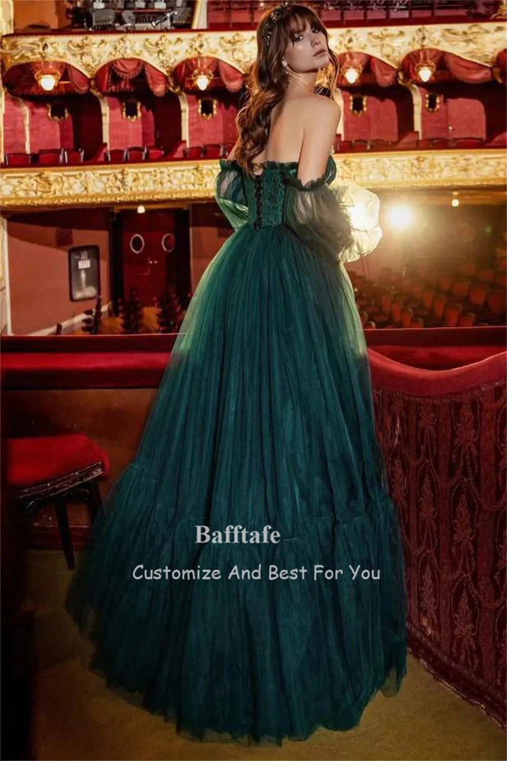 Dark Green A Line Formal Prom Dresses Applique Puff Long Sleeves Evening Party Dress Corset Back Women Birthday Gowns Customized