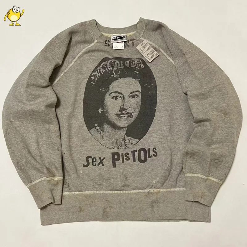 Sudaderas de cuello redondo de buena calidad, sudaderas con capucha SAINT para hombres y mujeres, Jersey Retro holgado con grafiti dañado informal de calle alta