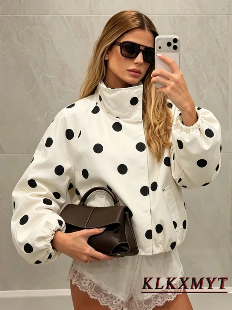 Women Fashion Vintage Polka Dots Pocket Stand Collar Jacket Spring Autumn Long Sleeve Jacket Holiday Outfits For Women