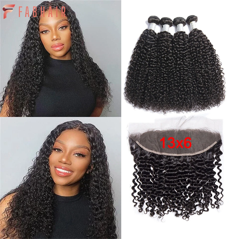 

FABHAIR Brazilian Remy Kinky Curly Human Hair Bundles With Frontal HD Transparent 13x6 Lace Frontal and Weave Extensions