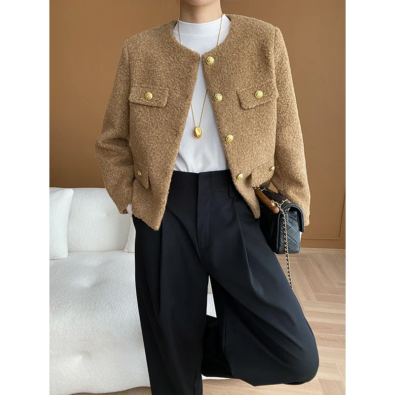 

French O Neck Small Fragrant Woolen Coat Women Casual Simple Basic Khaki Elegant Chic Wool Blended Woolen Female Short Jackets