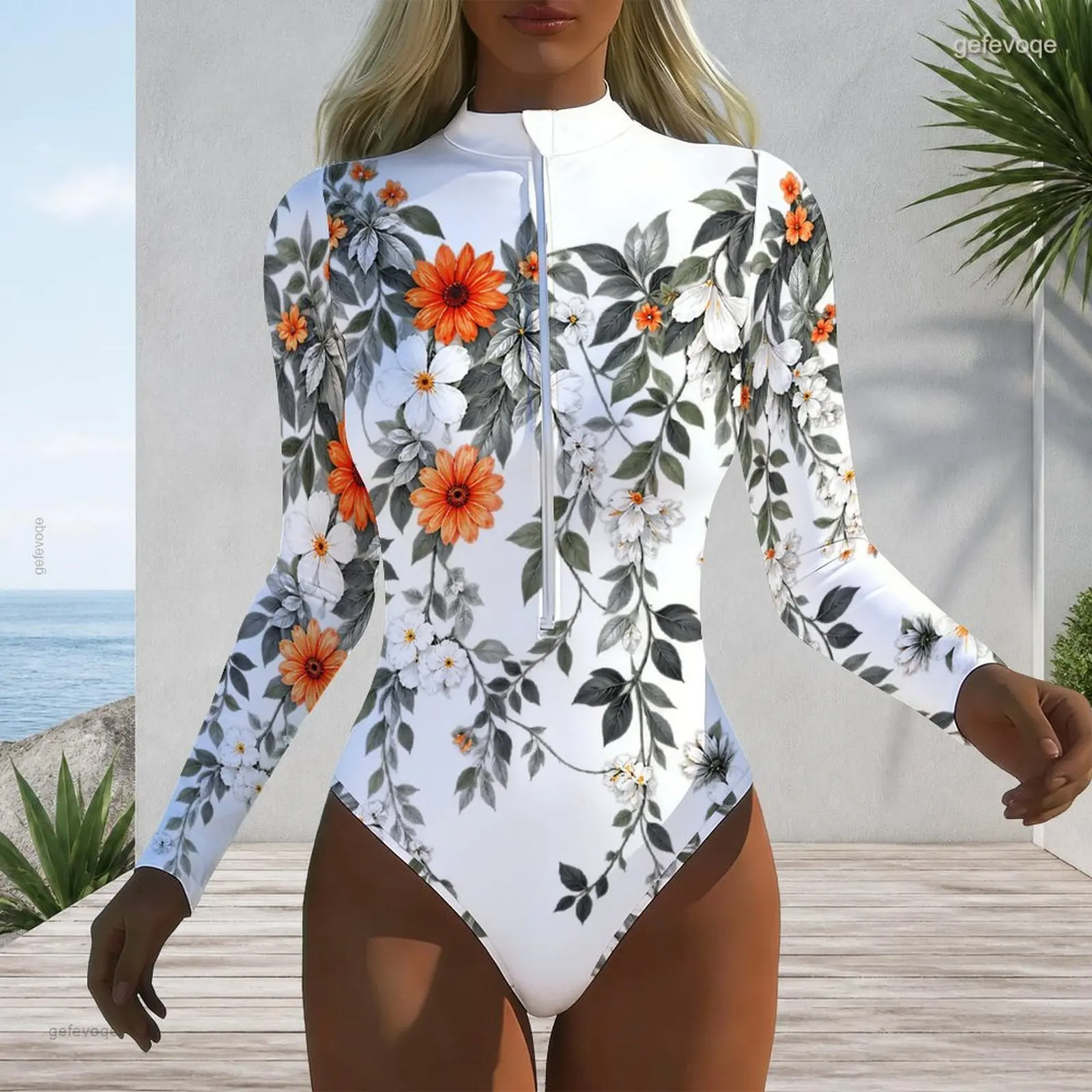 Women Orange White Floral Leaf Print High Neck Front Zip Long Sleeve One Piece Swimsuit