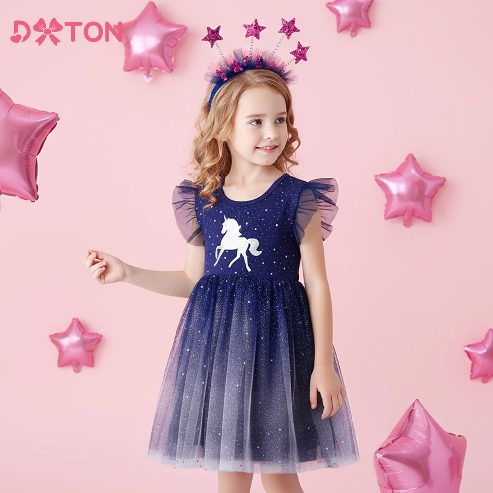 DXTON Kids Sleeveless Dresses Unicorn Princess Baby Girls Dress A-Line Gradient Mesh Summer Children Casual School Dot Clothing