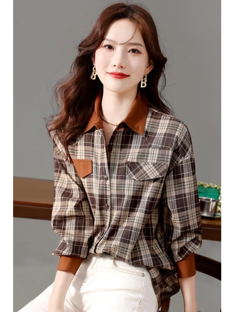 Autumn 2022 new autumn checkered patchwork contrasting loose classic plaid long sleeved versatile shirt women tops