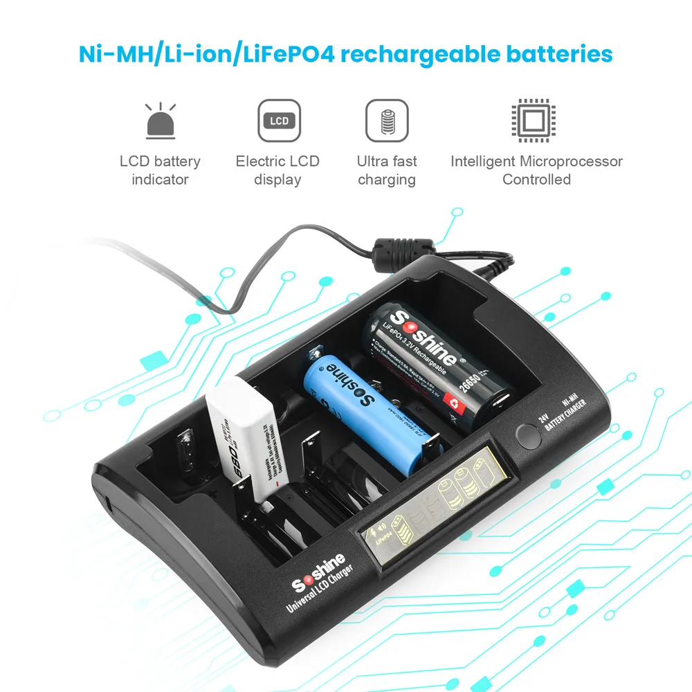 Imagem -03 - Soshine-carregador de Bateria Universal Lcd Li-ion Lifepo418650 26650 14500 10440 18350 21700 Rcr123 Ni-mh Aaa aa c 12v 2a