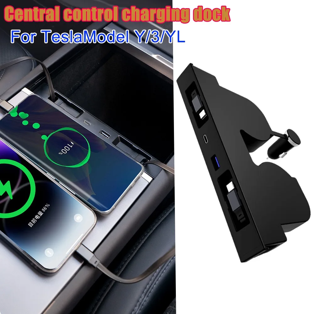 USB Hub Expansion Dock for Tesla Model 3 Highland/ Y Juniper /YL Hidden Center Console Charger Retractable Charging Cable