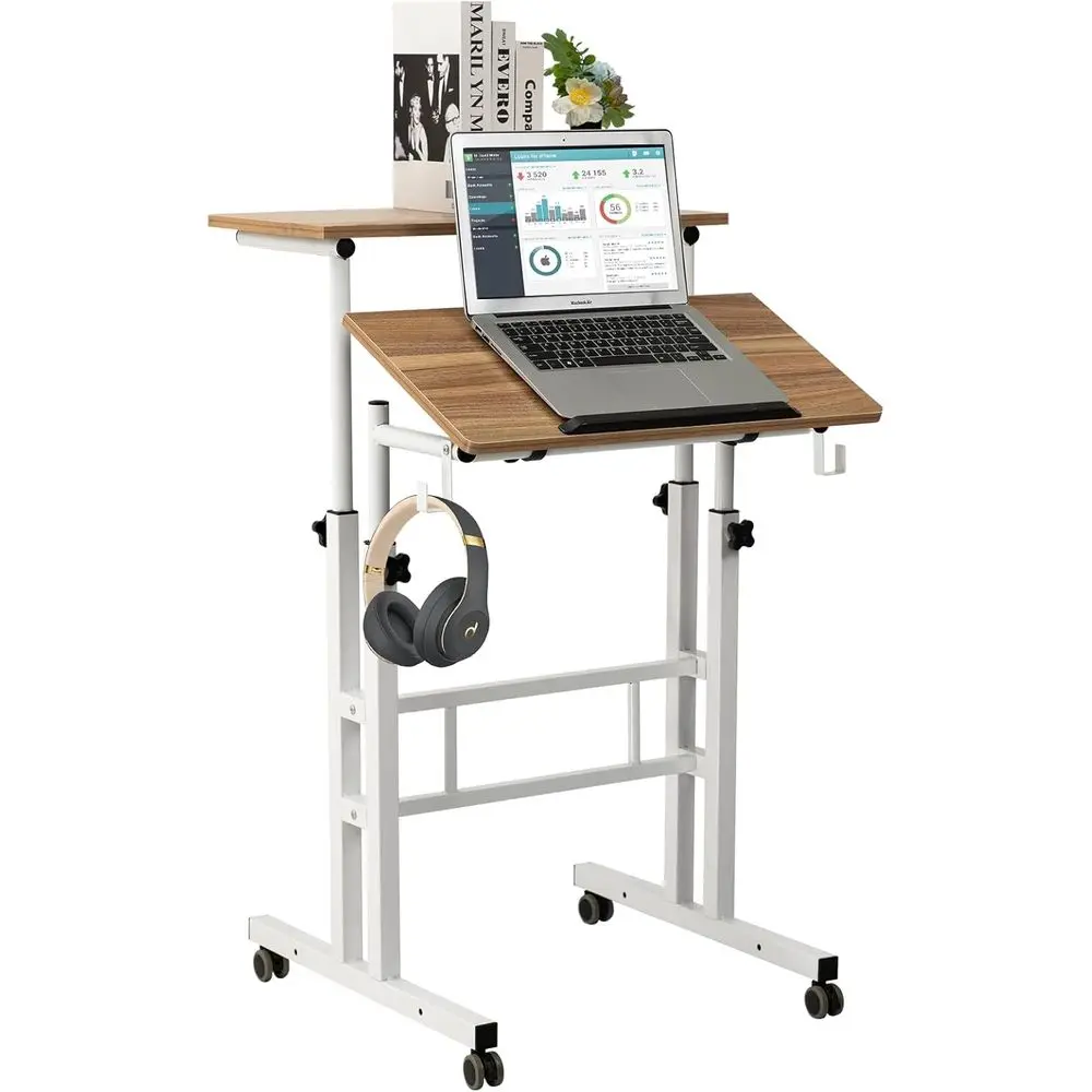 Portable Height-Adjustable Standing Desk Converter with Wheels, Vintage Oak Finish