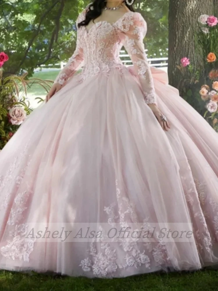 AA166 Customized Pink Quinceanera Dress Long Sleeves Applique Lace Sweet 16 14 Birthday Party Dress Prom Gown robes de soiree 15