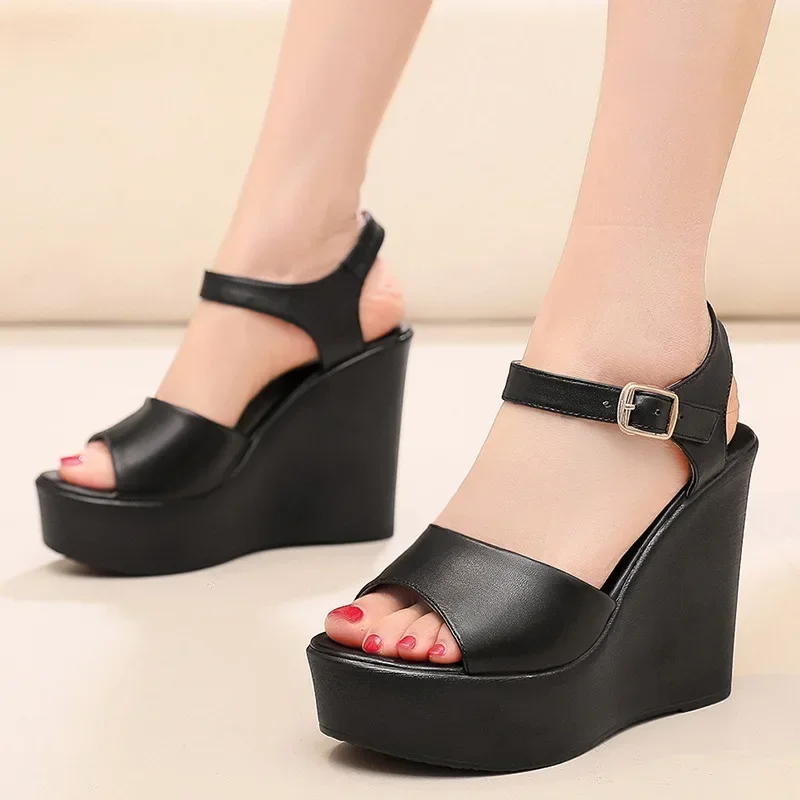 

8cm 10cm Small Size 33-43 Fashion Cowhide Leather Sandals 2024 Summer High Heels Platform Wedges Sandals for Office Mom Model