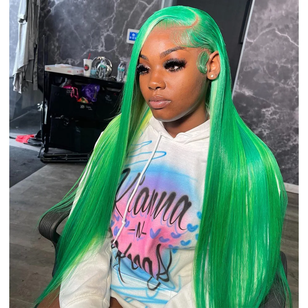 Linhua Solid Colored Lime Green Bone Straight 13X6 Lace Frontal Wig 180% Brazilian#613  Remy 13X4 Transparent Lace Wigs