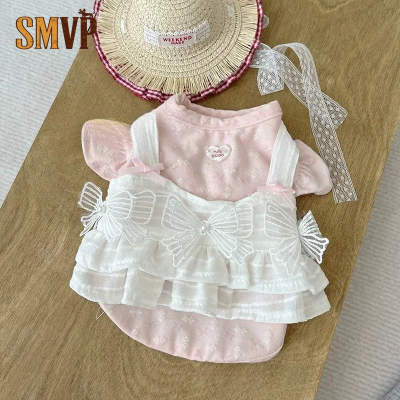 

Faux Two-Piece Pet Dress Butterfly Lace Suspender Overlay with Inner Short Sleeve Top Breathable Summer Casual Outfit for Pets