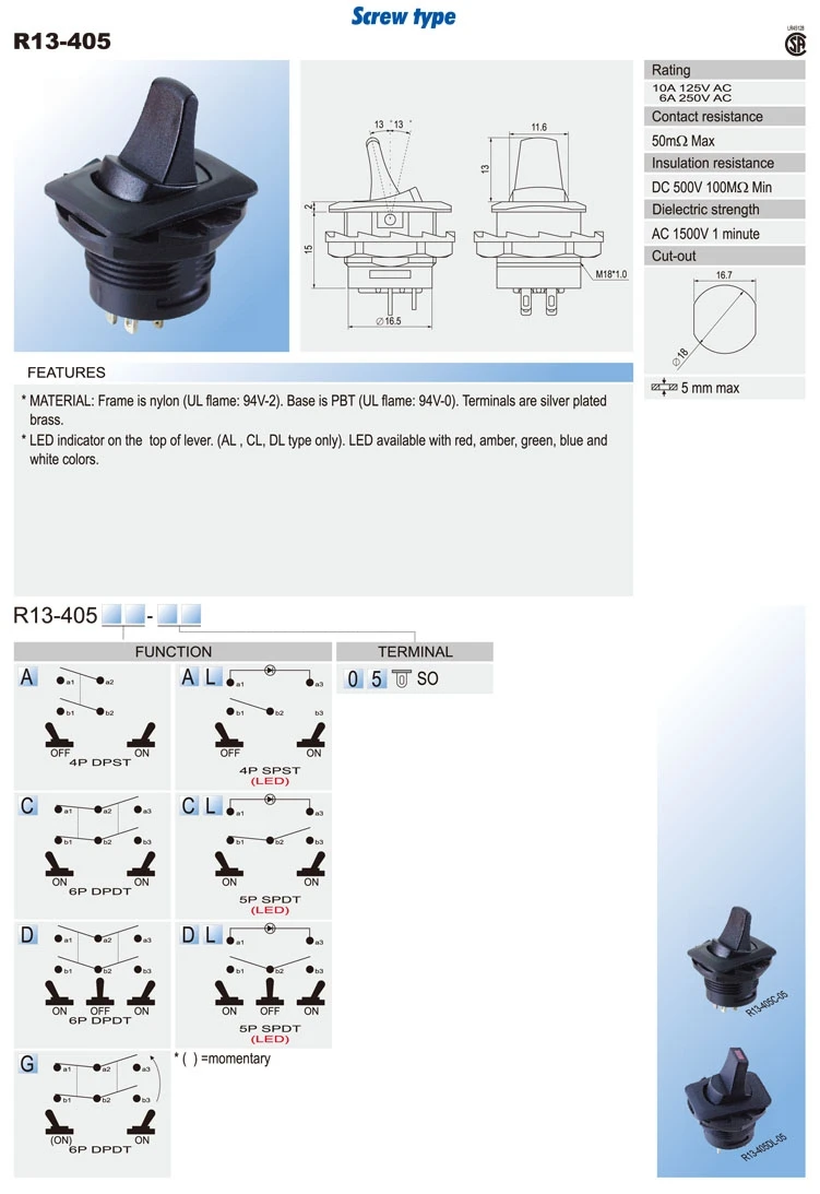 1PCS 6-Foot 2-Gear  3-Gear Toggle Switch Rocker  18mm R13-405