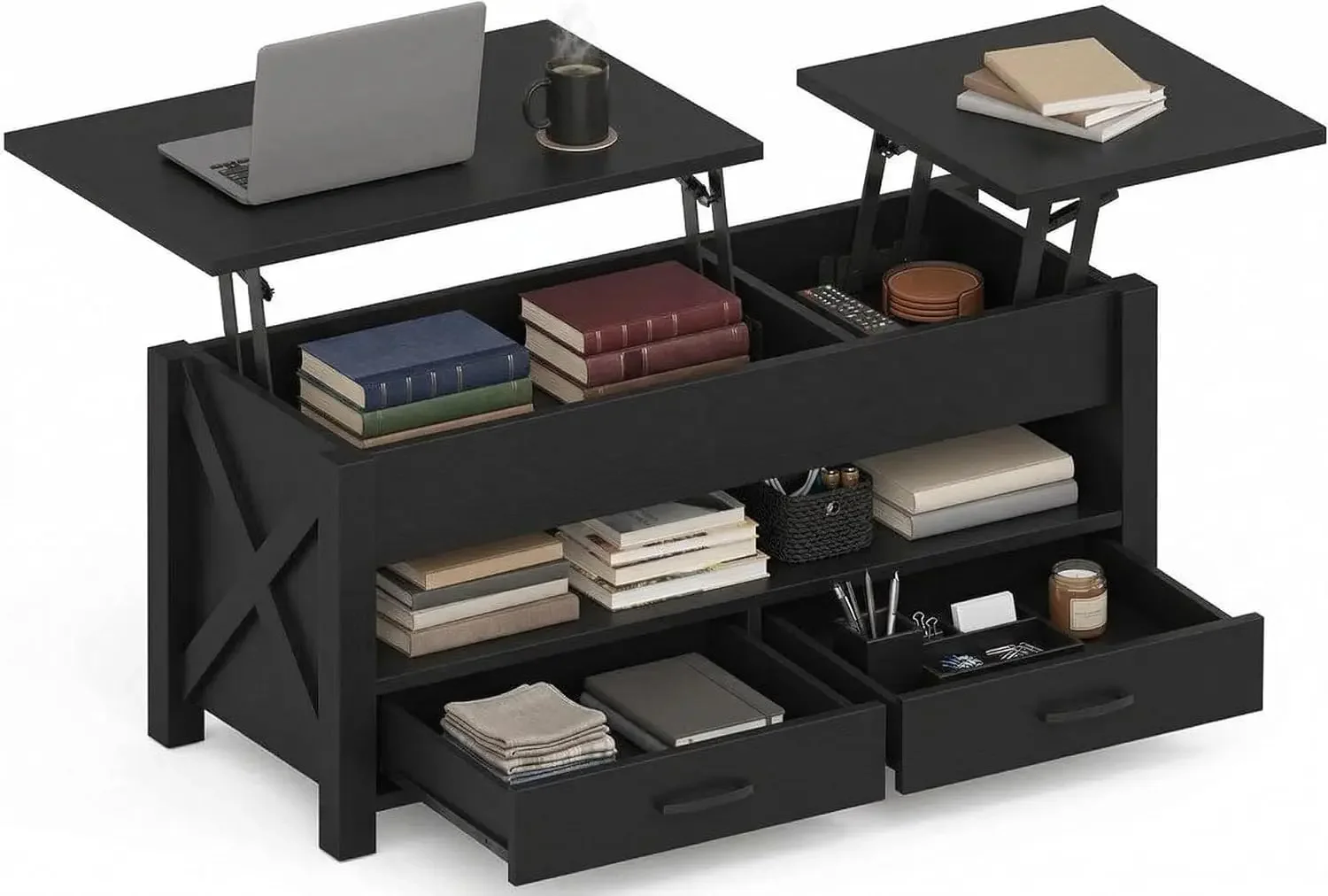 Lift Top Coffee Table Split Dual Height Adjustable Drawers Storage Hidden Compartment Wooden Convertible