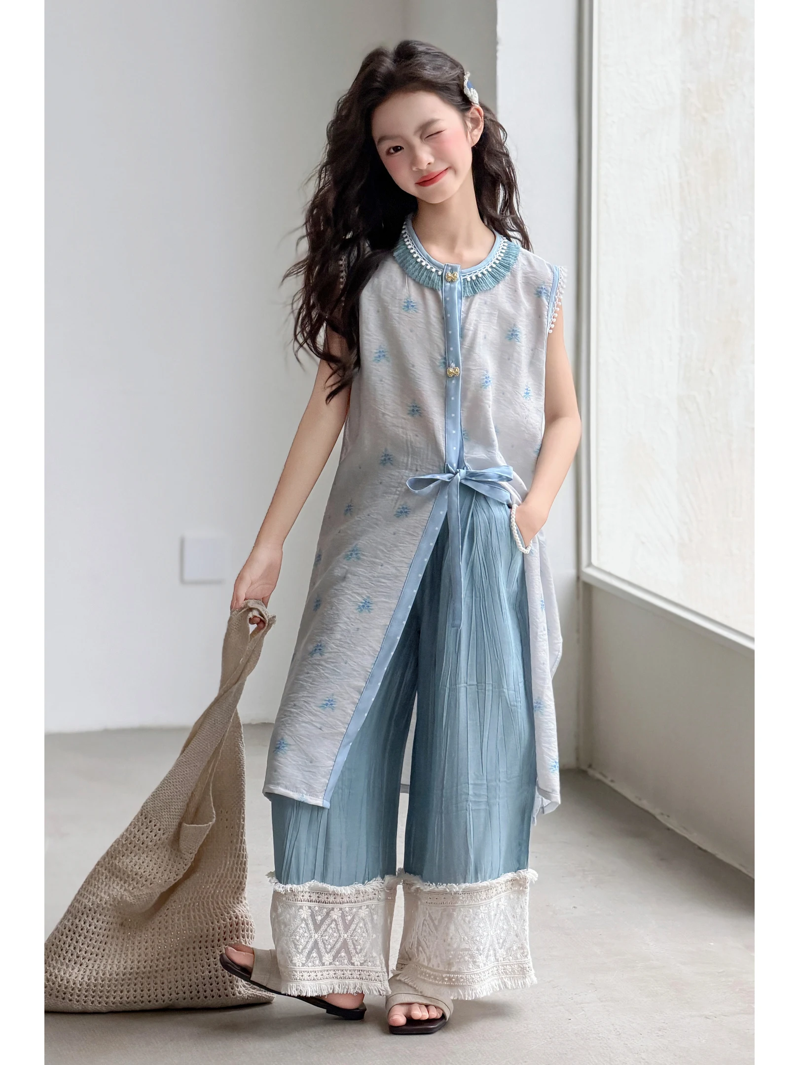 girls-floral-lace-patchwork-midi-vest-wide-leg-pants-summer-outfit-set-breathable-lightweight-polyester-cotton-blend