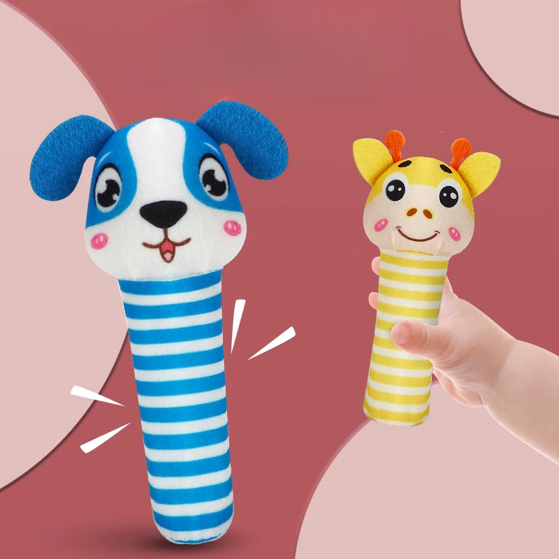 Cartoon Stuffed Animal Baby Soft Plush Hand Rattle Squeak Stick Grip Ability Training Toy Baby Toddler Early Toy Gift