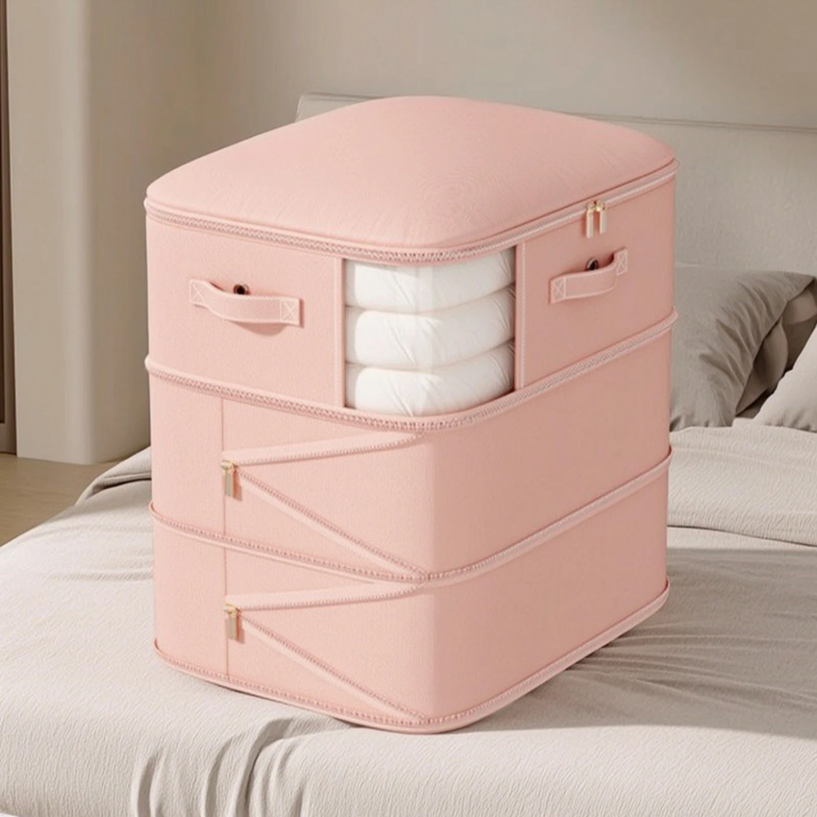 Quilt Storage Bag Three-Tier Clothes Storage Bag Zippered Two Handles for Closet, Travel