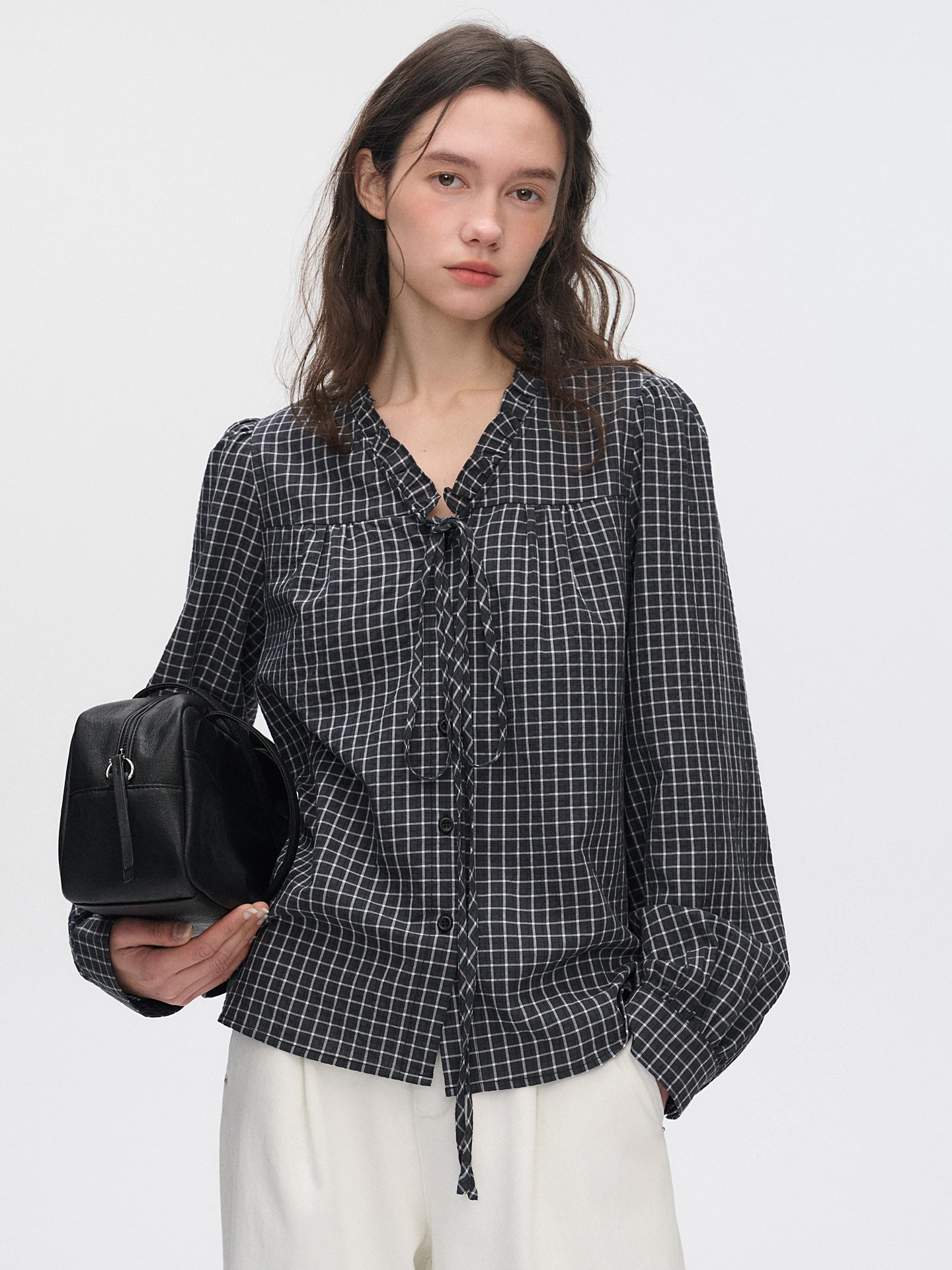 

Nordic Poetic Vintage Plaid Women's Shirt Spring Long Sleeve Knot Bubble Sleeve Wooden Ear Cotton Blend Casual...