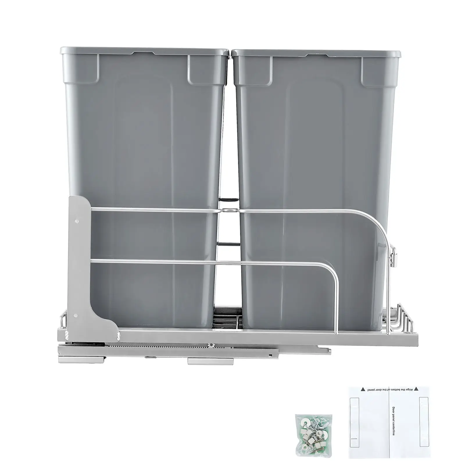 Pull-Out Trash Can, 27 QT x2 Double Under Mount Kitchen Waste Container, Heavy Duty Garbage Recycling Bin with Door Kit and Soft Close Slide, for Kitchen Cabinet, Sink, Under Counter (Grey)