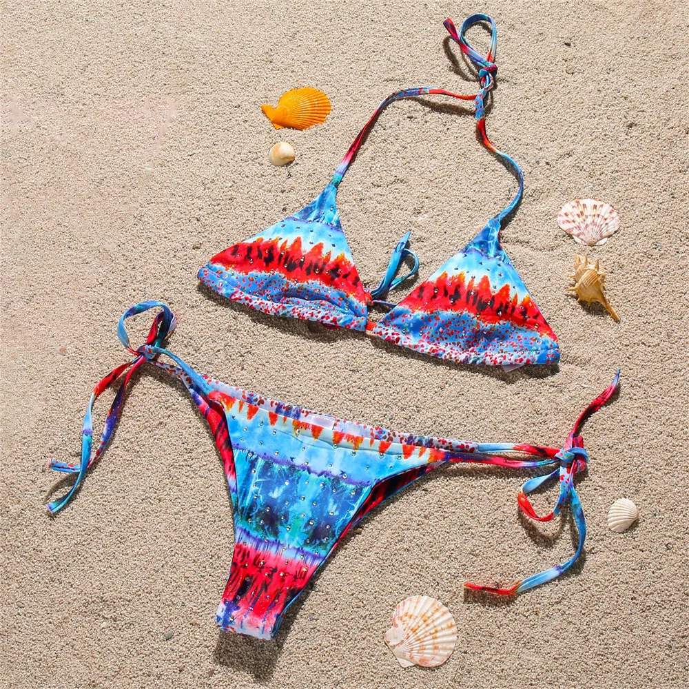 

Vintage Tie Dye Bikini Rhinestone Swimwear Micro String Swimsuit Women 2-Piece Brazilian Beach Outfit Tanga Bathing Suit Biquini