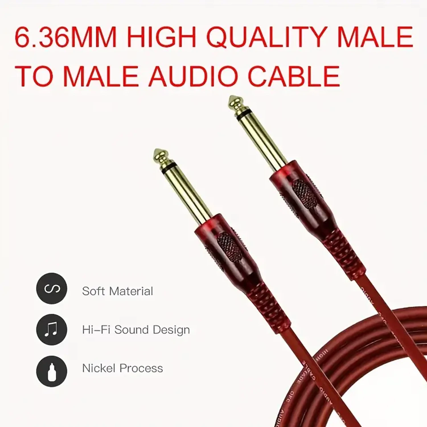 1pc 6.35mm 1/4in TRS Cable: 10ft/3m Audio Cable for Electric Guitar, Bass, Speaker - AMP Cord 1/4 Straight to Straight - Red