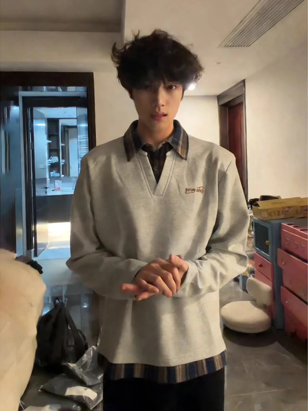 

Gray Fleece-Lined Oversized Long Sleeve Shirt Collar Hoodie Fake Two-Piece Style Comfortable Breathable Casual Men's Sweatshirt