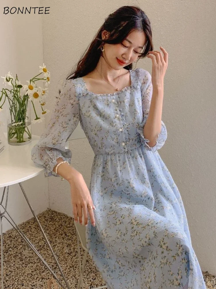 Vestidos de mujer flores transparentes Hotsweet Ins todo-fósforo estilo coreano vacaciones señoras atractivo Vintage pliegues especiales tierno otoño