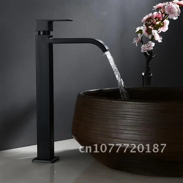 Black Metal Tall Waterfall Faucet Stainless Steel Bathroom Faucet Cold Water Tap Torneira Basin Faucets Sink Washing Tap House