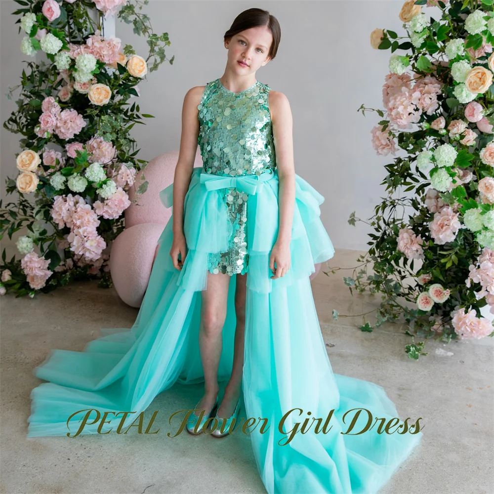 Petal Glitter Sequin Kids Birthday Wedding Dress Detachable Train Flower Girl Dress Mint Green Princess Girls Dress Customized