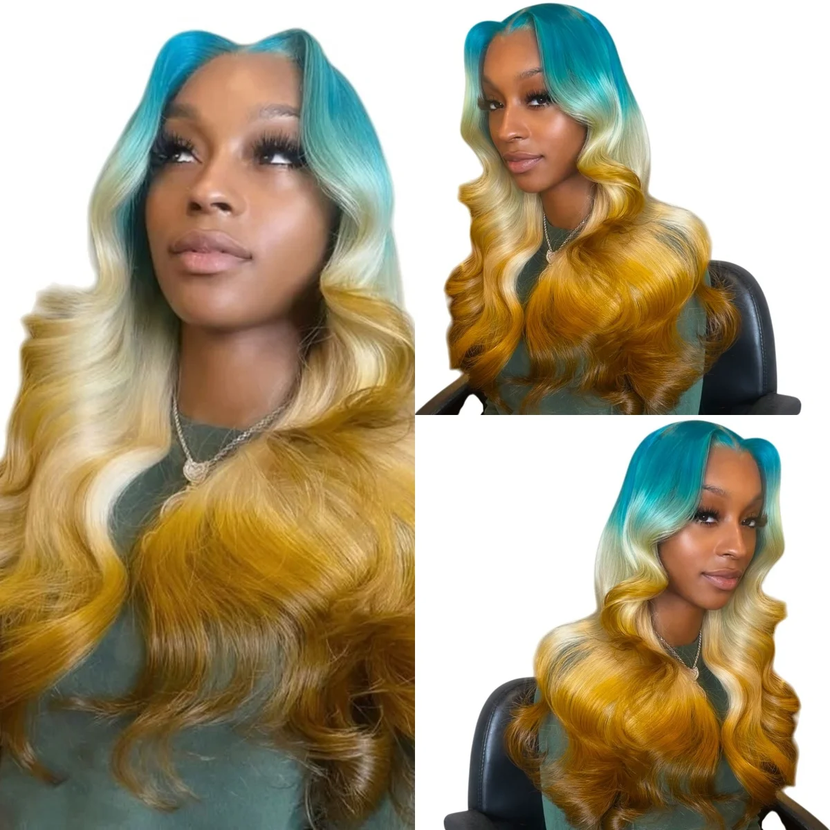 

13x4 Lace Front Blue Green Ombre Human Hair Wig Pre Plucked for Women Brazilian 13x6 Blonde Colored Lace Frontal Wig Body Wave