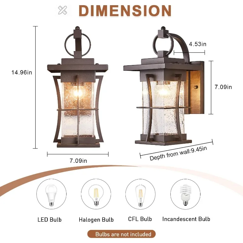 Outdoor Light Sconces Wall Mount Matte Brown Outdoor Wall Lamp Large Exterior Porch Wall Lantern with Seeded Glass 15