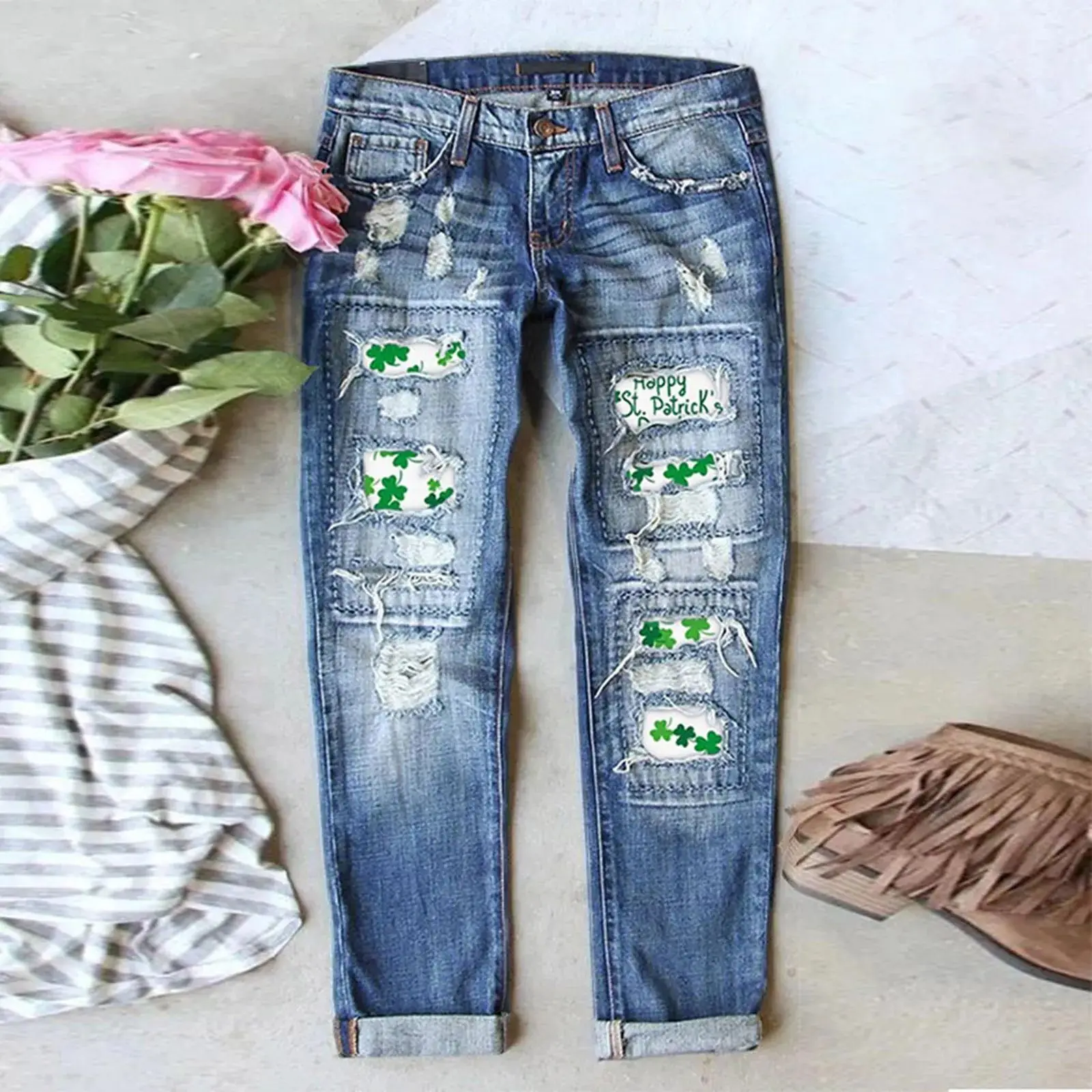 Jeans Perforados con Estampado Gráfico Sampa, Estilo Urbano para Mujer, Cintura Elástica, Tela de PU, Colección Invierno 2016...
