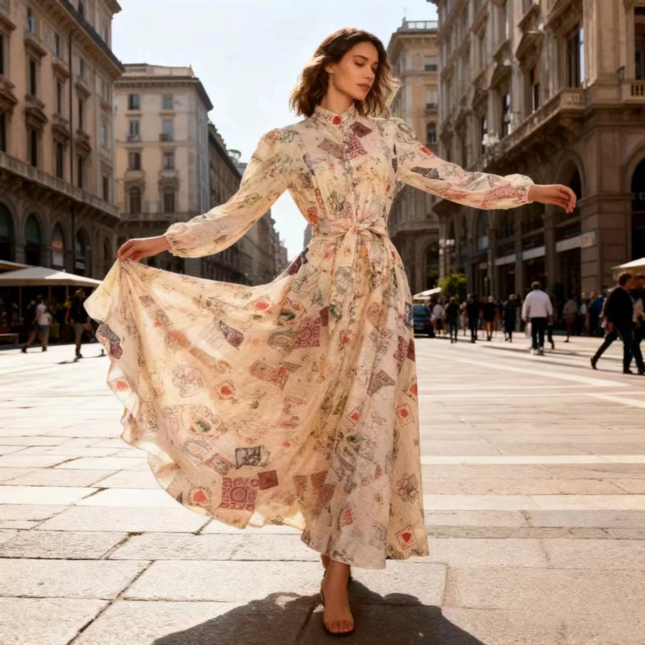 

Двухкомплектный костюм из шелка и конопли с богатой отделкой и поясом, высокая талия, весна-лето-осень-зима...