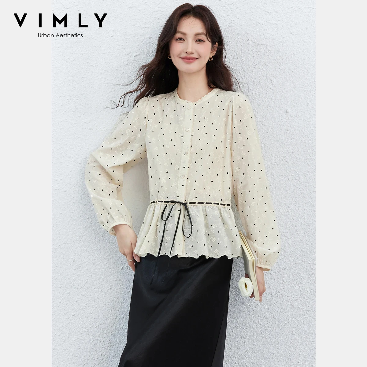 

VIMLY Women's Polka Dot Blouse 2026 Spring New Korean Casual Cotton Embroidery Tie Waist Lantern Sleeve Lightweight Shirt 30805