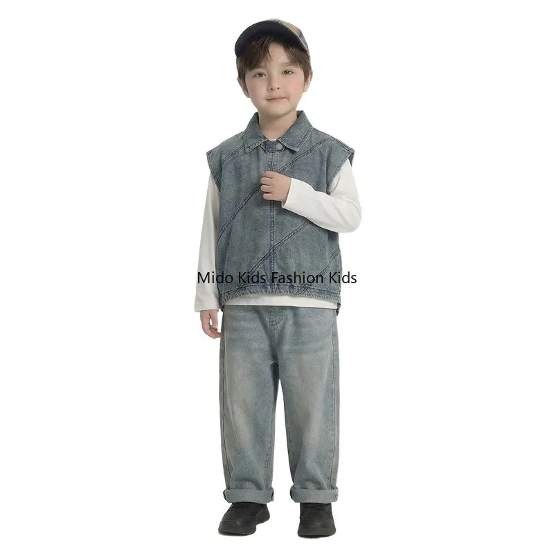 Boys Spring 3PCS Set Casual Vest & Basic Tee & Straight Jeans, Stylish Fashion Kids Clothing for 90-140cm