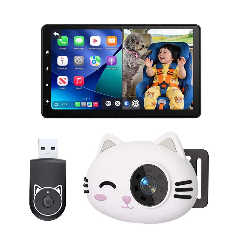【Premium Hot Selling 】Custom Wireless CarPlay Adapter with Rear Seat Child Monitor Camera for Factory Wired CarPlay Vehicles Fam