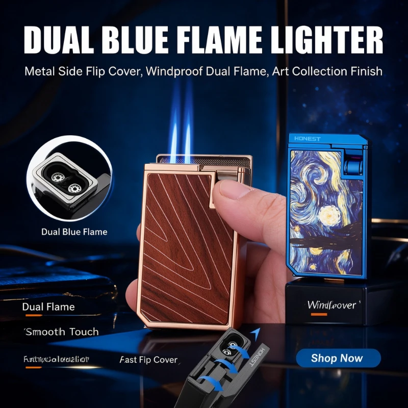 Creative Honest Lighter with Dual Blue Flame,Adjustable Flame Setting, Cigar Cutter & Visible Gas Tank,Cool Men's Smoking Gadget