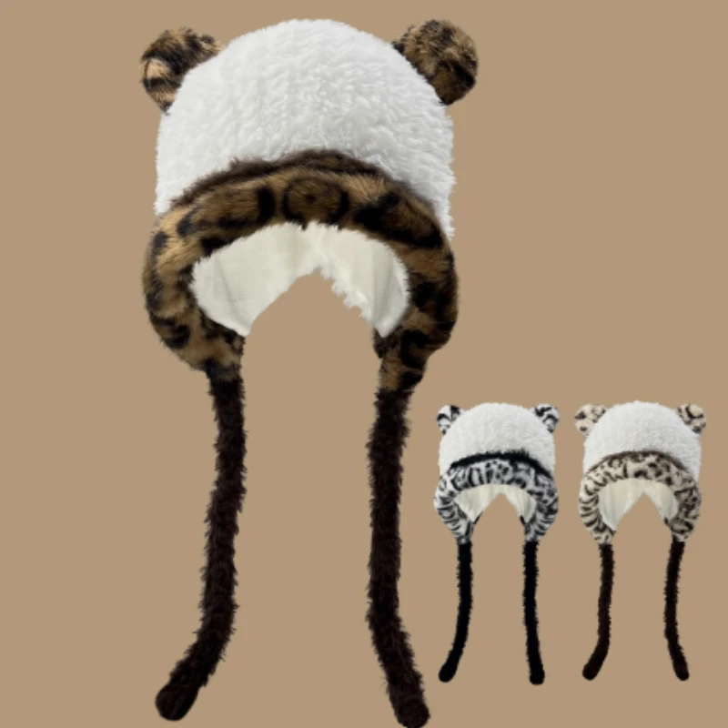 New Winter Cute Plush Bear Ears Plush Pullover Hat for Men and Women Fashion Leopard Print Warm Ear Lace-Up Straps Bomber Hats