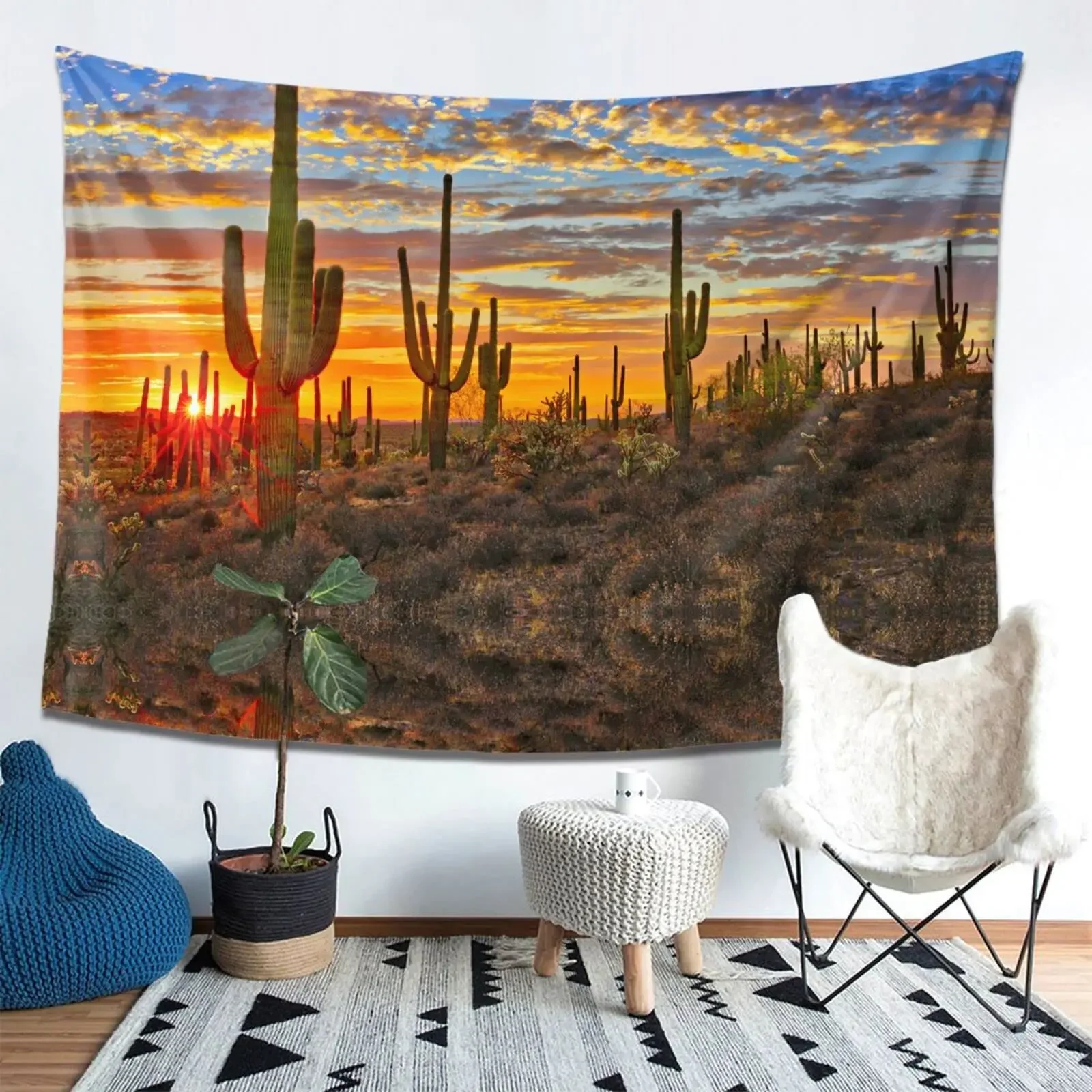 Southwest Desert Vintage Tapestry,Arizona Cactus Sunset Picnic Mat Hippie Trippy Tapestry Wall Art Decor for Bedroom Living Room