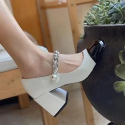 Summer Shoe Woman 2025 High Heels Luxury Shoes Women Mary Janes Pumps Square Toe Leather Sandals Black White Patchwork 39