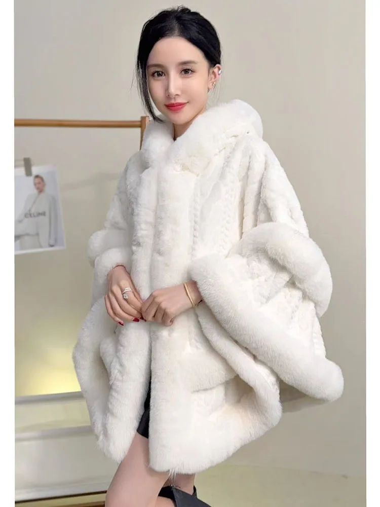 ZADORIN Luxury Thick Warm Hooded White Faux Fur Coat Woman Winter Clothes Fur Cape Mid Long Fur Shawl Cardigan Cloak Outerwears