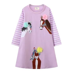 Jumping Meters 2-8T Baby Dresses Long Sleeve Horse Applique Children's  Fashion Birthday Kids Clothing Autumn Spring Toddler