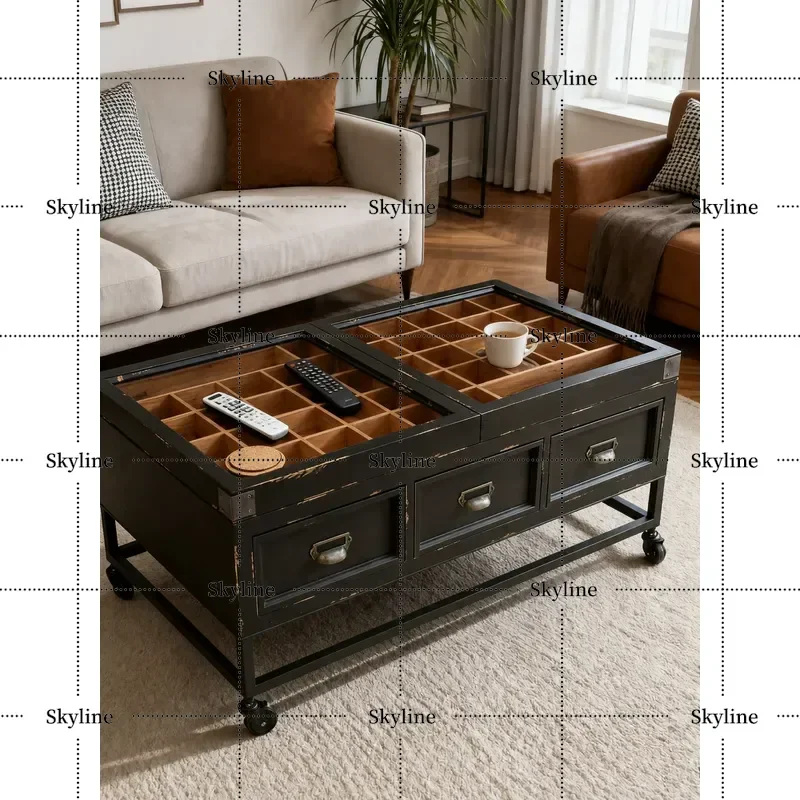 for Medium Antique Solid Wood Retro Double-Sided Six-Drawer Multi-Grid Treasure Cabinet Coffee Table